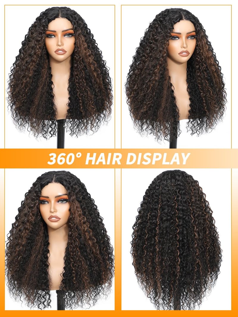 TENACOO Highlight Brown Glueless Curly Wig Dark Brown Mix Light Deep Wave Synthetic Lace Front Wig 24 Inch 4x1 Lace Closure Ombre Brown Long Curly Wigs for Black White Women