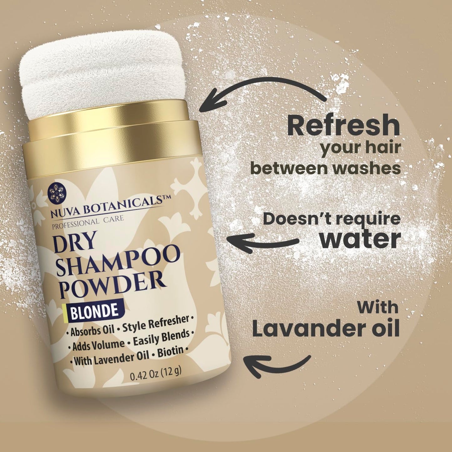 Nuva Botanicals Blonde Non Aerosol Dry Shampoo Powder with Biotin - Lavender Extract and Korean Ginseng - Volumizing Travel Size (0.42 oz) - Gifts for Her Stocking Stuffers