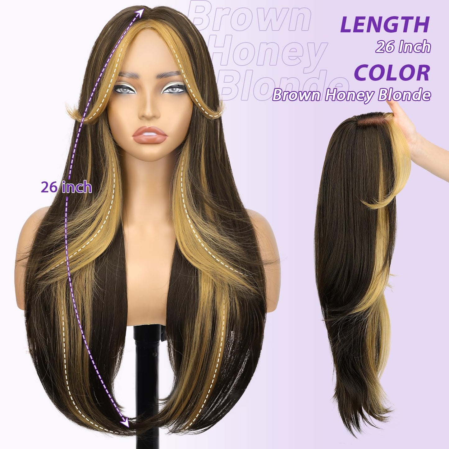 Eawwii Ombre Light Brown With Blonde Glueless Wigs for Women Pre Cut Synthetic Lace Hairline Long Layered Straight Hairstyle 26 Inch