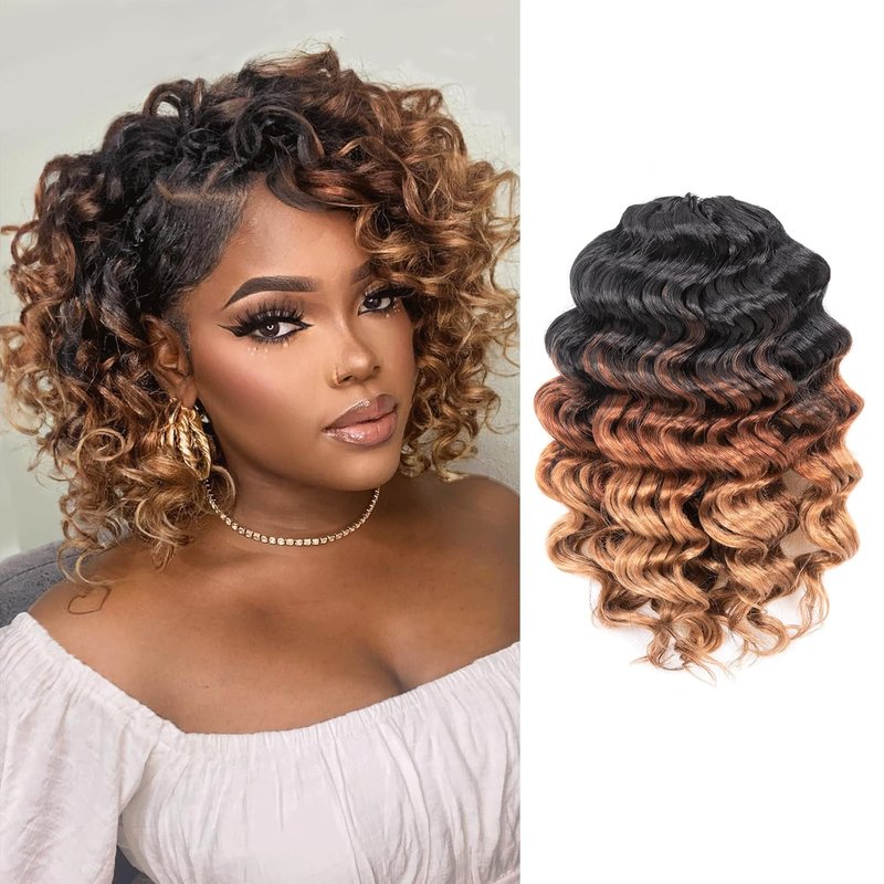 Ocean Wave Crochet Hair Extensions - 9 Inch Ombre Brown Short Curly Deep Wave | 8 Packs, Synthetic (OT30/27)