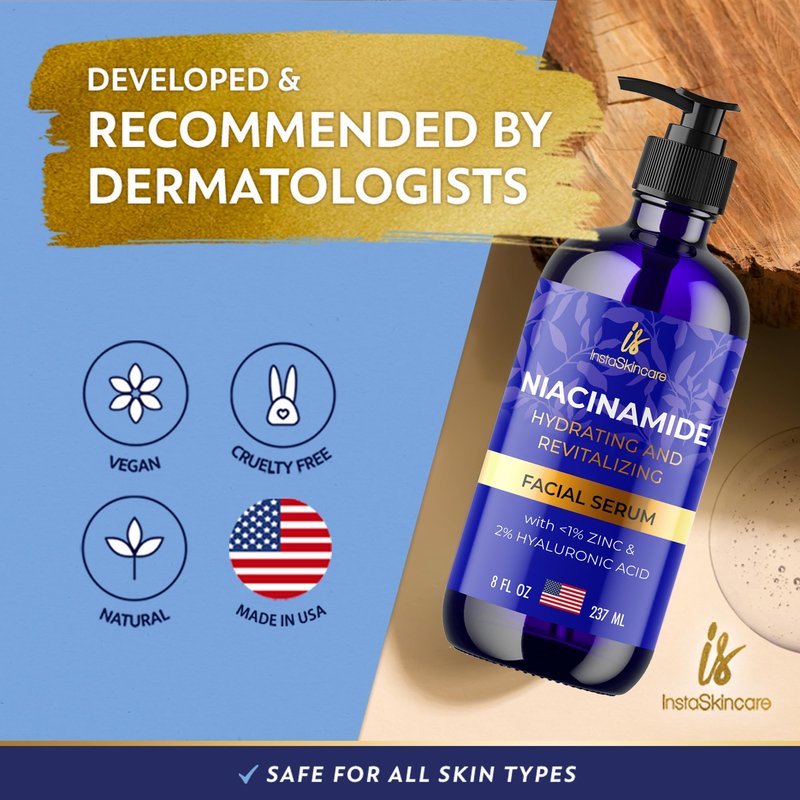 InstaSkincare Niacinamide Serum 8Oz for Face 10% with Zinc 1% Vitamin B3 Brightening Serum for Tone, Texture