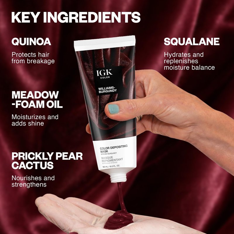 IGK Williams Burgundy | Intense Burgundy Hair Gloss + Color Depositing Mask | Boost Shine, Enhance Burgundy & Wine Tones, Refresh Color | Semi Permanent Conditioning Treatment | Vegan | 6 oz