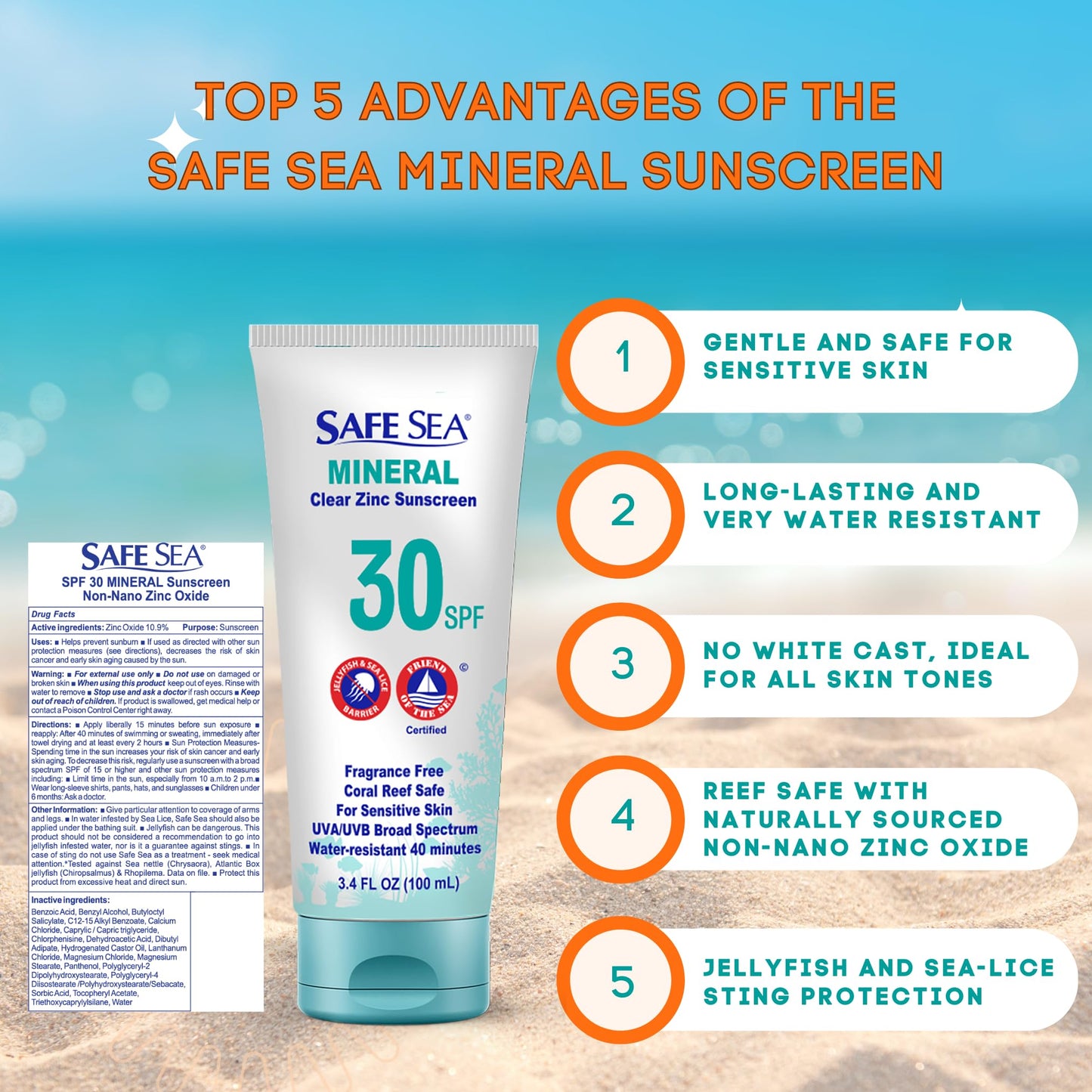 Safe Sea Zinc Oxide Sunscreen SPF30 | Clear Mineral Face Sunscreen Without White Cast | Anti-Jellyfish Sting Protective Lotion | 3.4Oz (100ml)