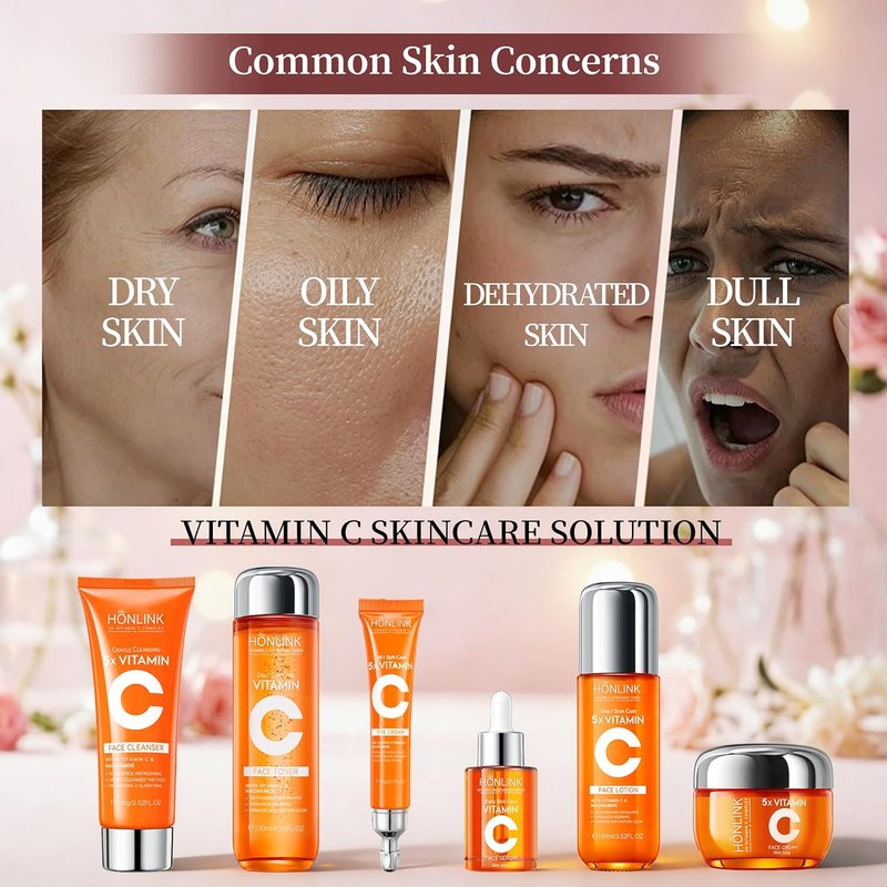 Hydrating Vitamin C Skincare Set - 6-Piece Daily Face Care Routine with Niacinamide, Cleanser, Toner, Serum, Moisturizer, Eye Cream & Body Lotion