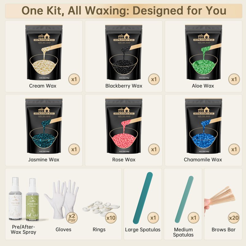 Lifestance Wax Beads Set, 6 Kinds of Waxing Beads, Hard Wax Beans with 44 Items, Perfect for Any Waxing Warmers, Wax Beads for Hair Removal for Full Body Bikini Armpit Underarm Eyebrow Face Leg