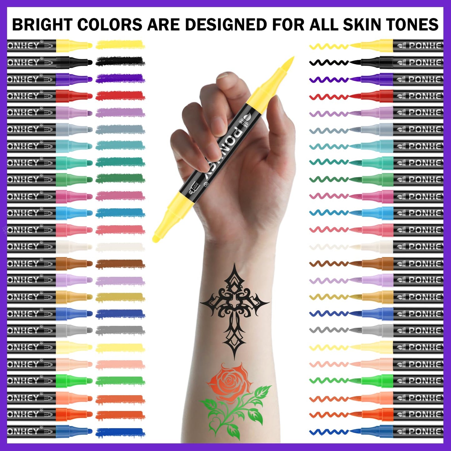 Ponhey Temporary Tattoo Markers for Skin, 24 Body Markers+67 Large Tattoo Stencils,Dual-End Tattoo Pens,Fine Lines with Cosmetic-Grade,Flexible, Skin-Safe Face Paint Kit for Kids Teenage Adults