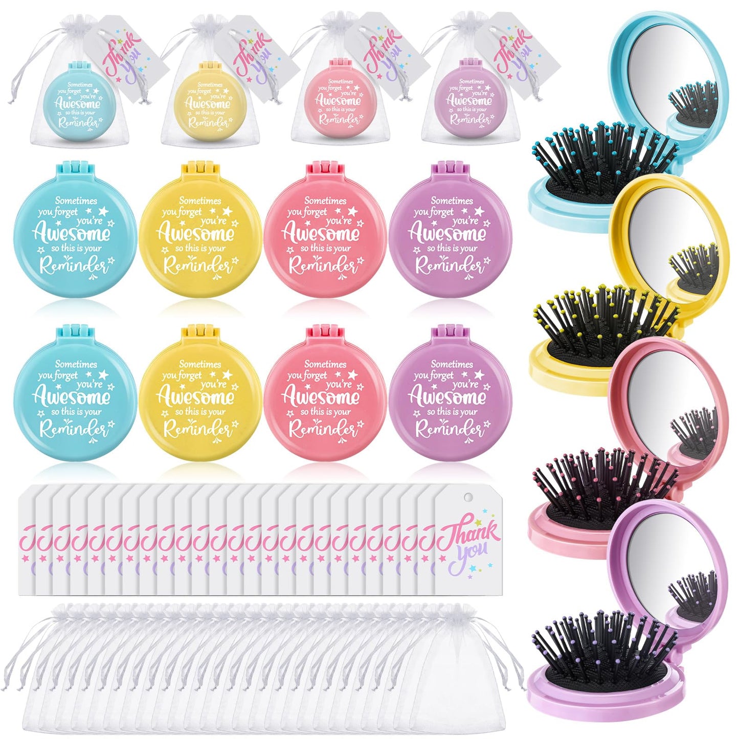 Cinnvoice 24 Pcs Christmas Employee Appreciation Gifts Bulk Folding Travel Brushes Stocking Stuffers Sometimes You Forget You're Awesome Thank You Gifts Mirror Brush for Women Coworker Teacher Staff