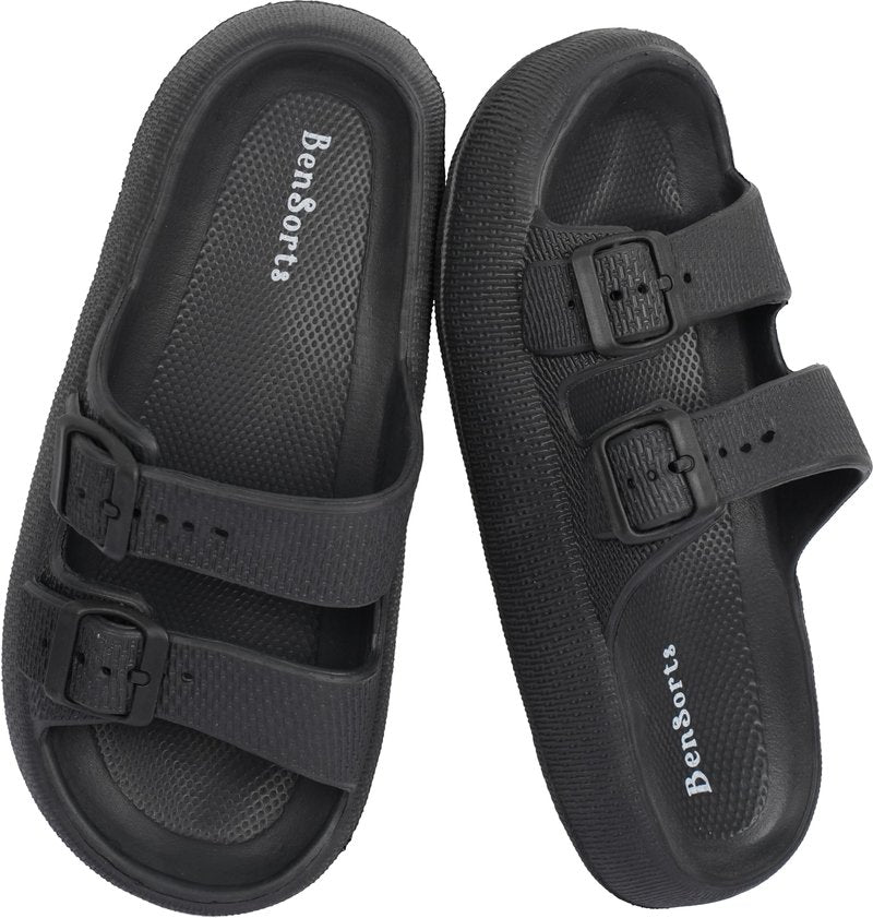 BenSorts Pillow Slippers for Women and Men Cute Rubber Sandal Adjustable Buckles Soft Slides Shower Spa Bath House Slippers Indoor Outdoor Black Men Size 8.5 9 9.5 Women Size 9.5 10 10.5