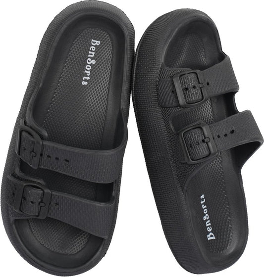 BenSorts Pillow Slippers for Women and Men Cute Rubber Sandal Adjustable Buckles Soft Slides Shower Spa Bath House Slippers Indoor Outdoor Black Men Size 8.5 9 9.5 Women Size 9.5 10 10.5