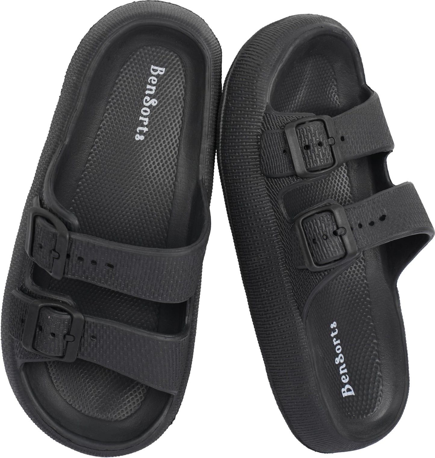 BenSorts Pillow Slippers for Women and Men Cute Rubber Sandal Adjustable Buckles Soft Slides Shower Spa Bath House Slippers Indoor Outdoor Black Men Size 8.5 9 9.5 Women Size 9.5 10 10.5