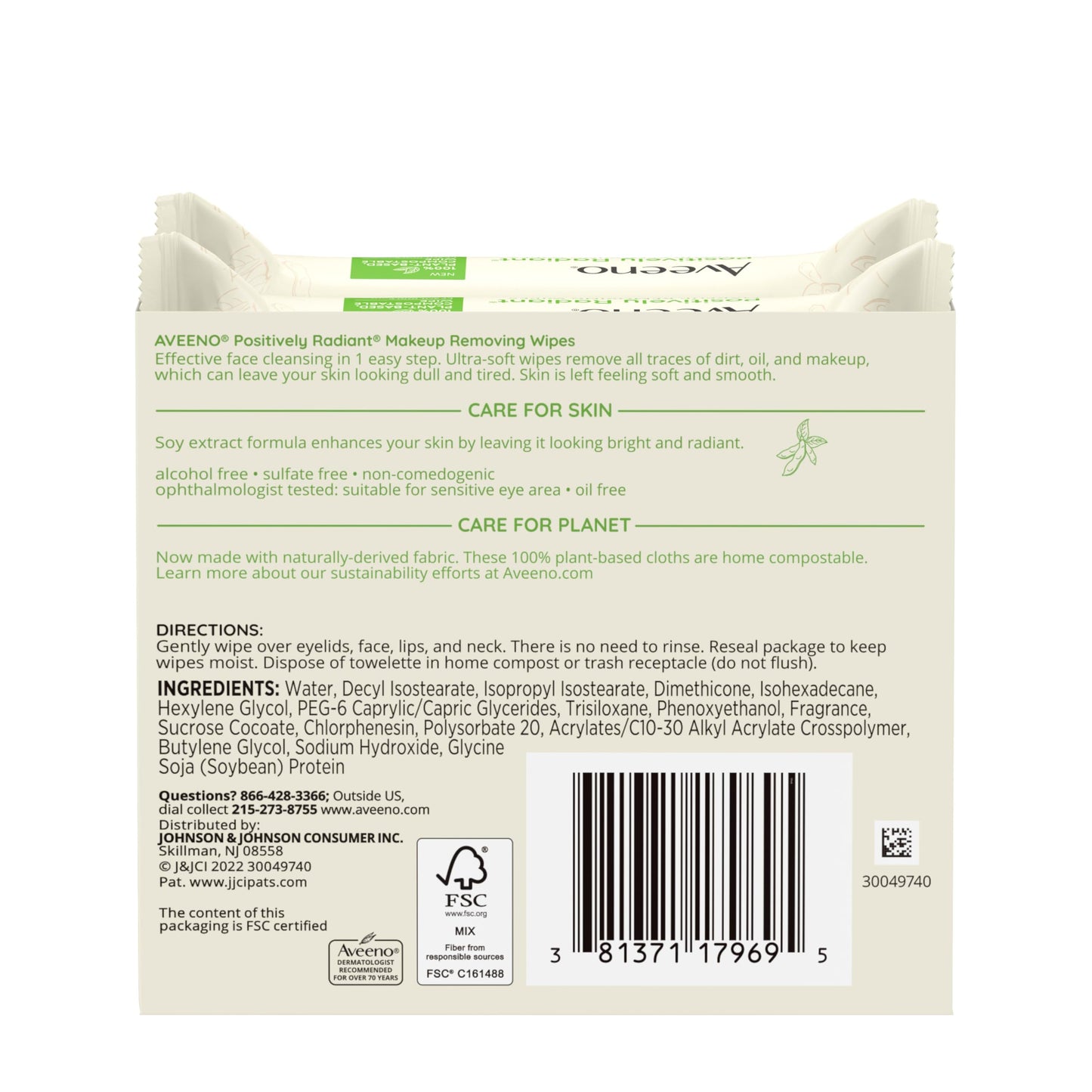 Aveeno Positively Radiant Makeup Remover Wipes, Oil Free, Alcohol Free, Non-Comedogenic Facial Cleansing Wipes, Gentle Face Wipes for Sensitive Skin, Travel Makeup Wipes, Twin Pack, 2 x 25 Ct
