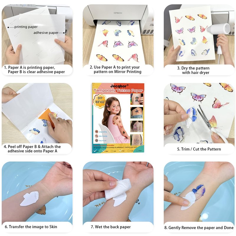 Printable Temporary Tattoo Paper for INKJET Printer, 30-Sets Custom Tattoo Printer Sticker 8.5X11", DIY Personal Clear Transfer Paper for Kids, Family, Christmas, Birthdays, Parties, Festivals