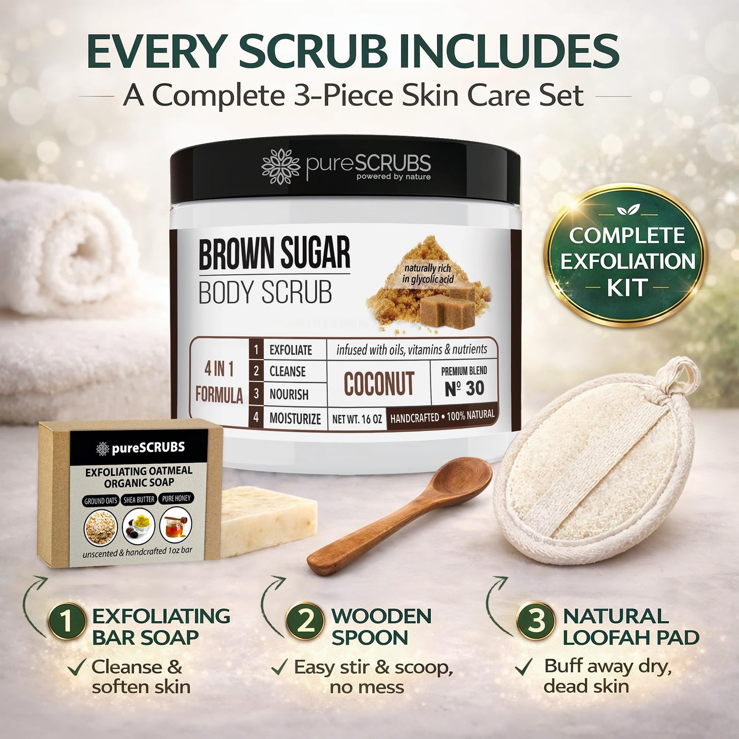 pureSCRUBS Premium Coconut Brown Sugar Scrub, Exfoliating Body Scrub Set