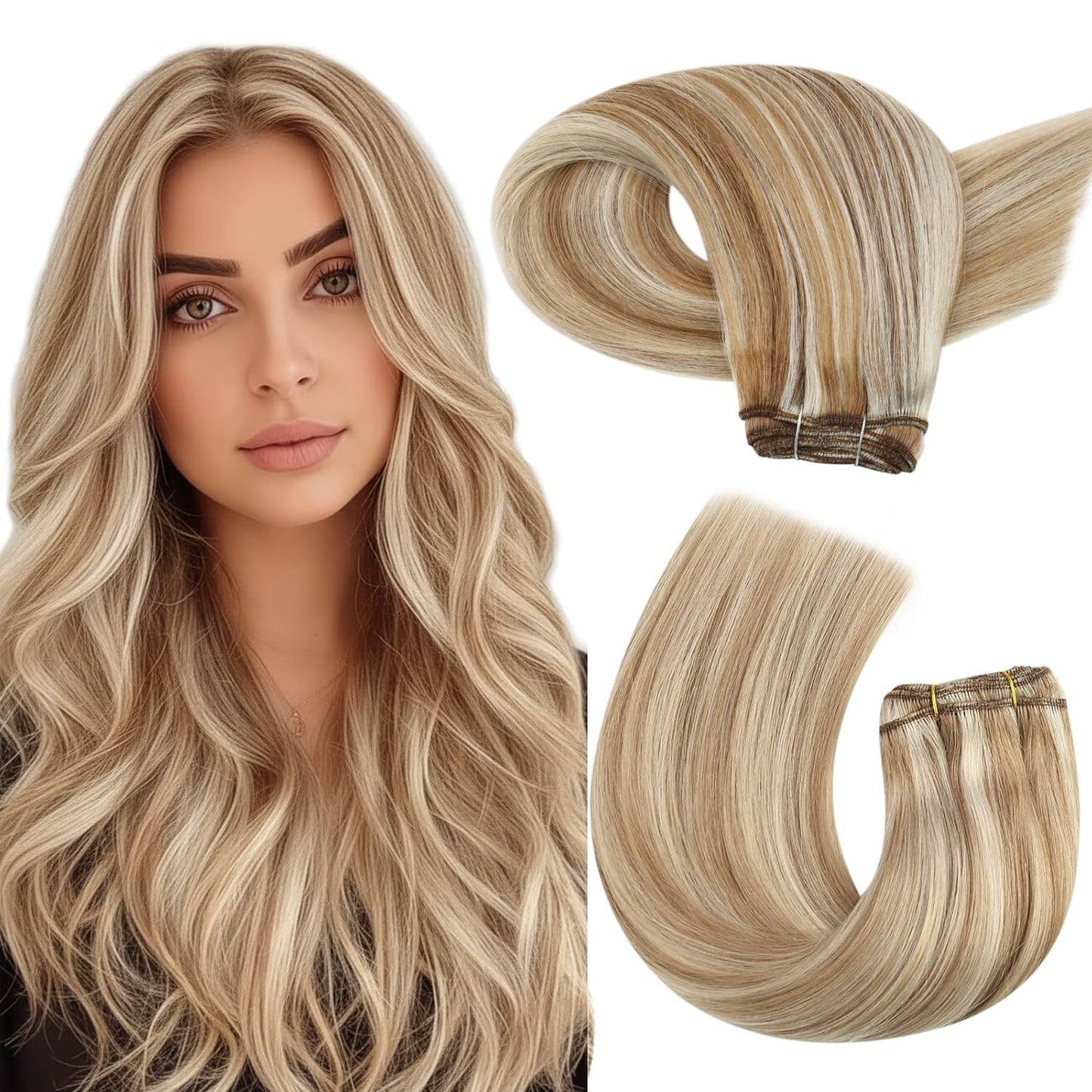 Moresoo Sew in Hair Extensions Real Human Hair Remy Medium Brown with Platinum Blonde Highlight Straight Weft Hair Extensions for Women Natural Blend 14 inch 100G