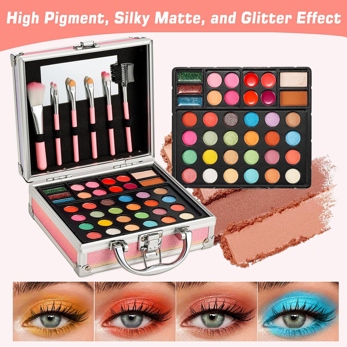 Anpro All-in-One Makeup Kit for Girls 10-12 with Case, Pro Teen Makeup Set, Tween Makeup Kit, Full Starter Make Up Kit with Brushes, Eyeshadow Palette, Blushes, Glitter Gel, Temporary Tattoo Stickers