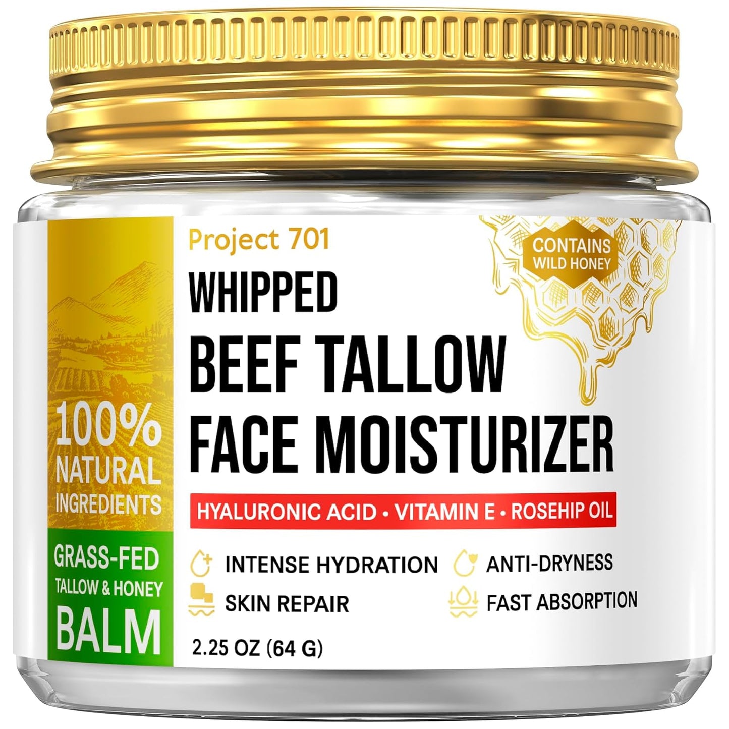 Beef Tallow Face Cream - All-Natural Moisturizer with Honey & Hyaluronic Acid | 2.25 oz for Dry, Sensitive Skin