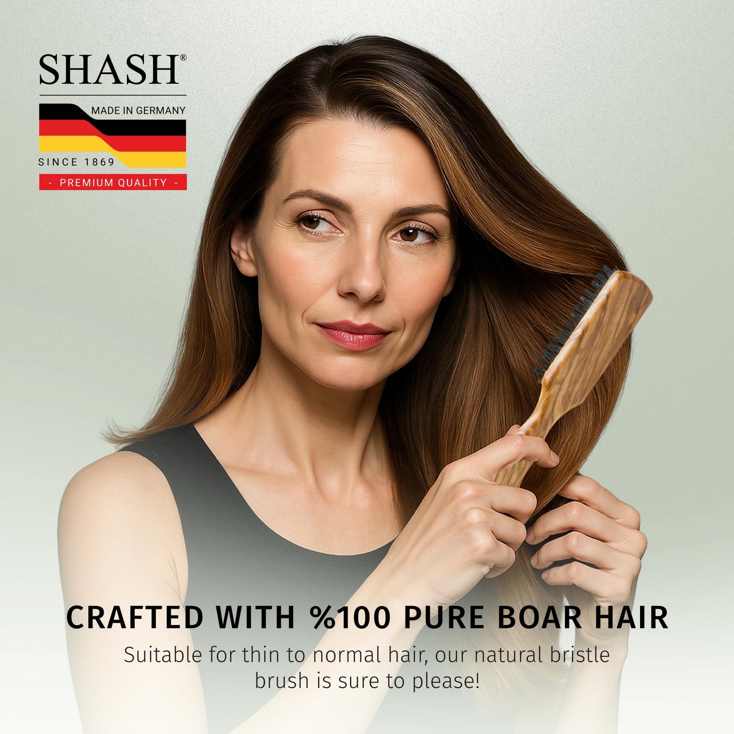 SHASH 100% First Cut Boar Bristle Hair Brush, Suitable For Thin To Normal Hair - Naturally Conditions Hair, Improves Texture, Exfoliates, Stimulates, Made in Germany (Black, Small)