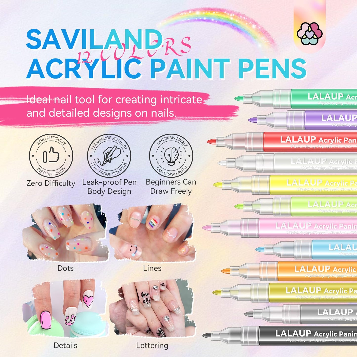 SAVILAND 12 Colors Nail Art Pens Set - 3D Nail Polish Pens Acrylic Paint Pens Nail Markers for Nail Art Drawing Painting Nail Point Dotting Liner Pen Manicure Tools Nail Design Kit Home Nail Salon DIY