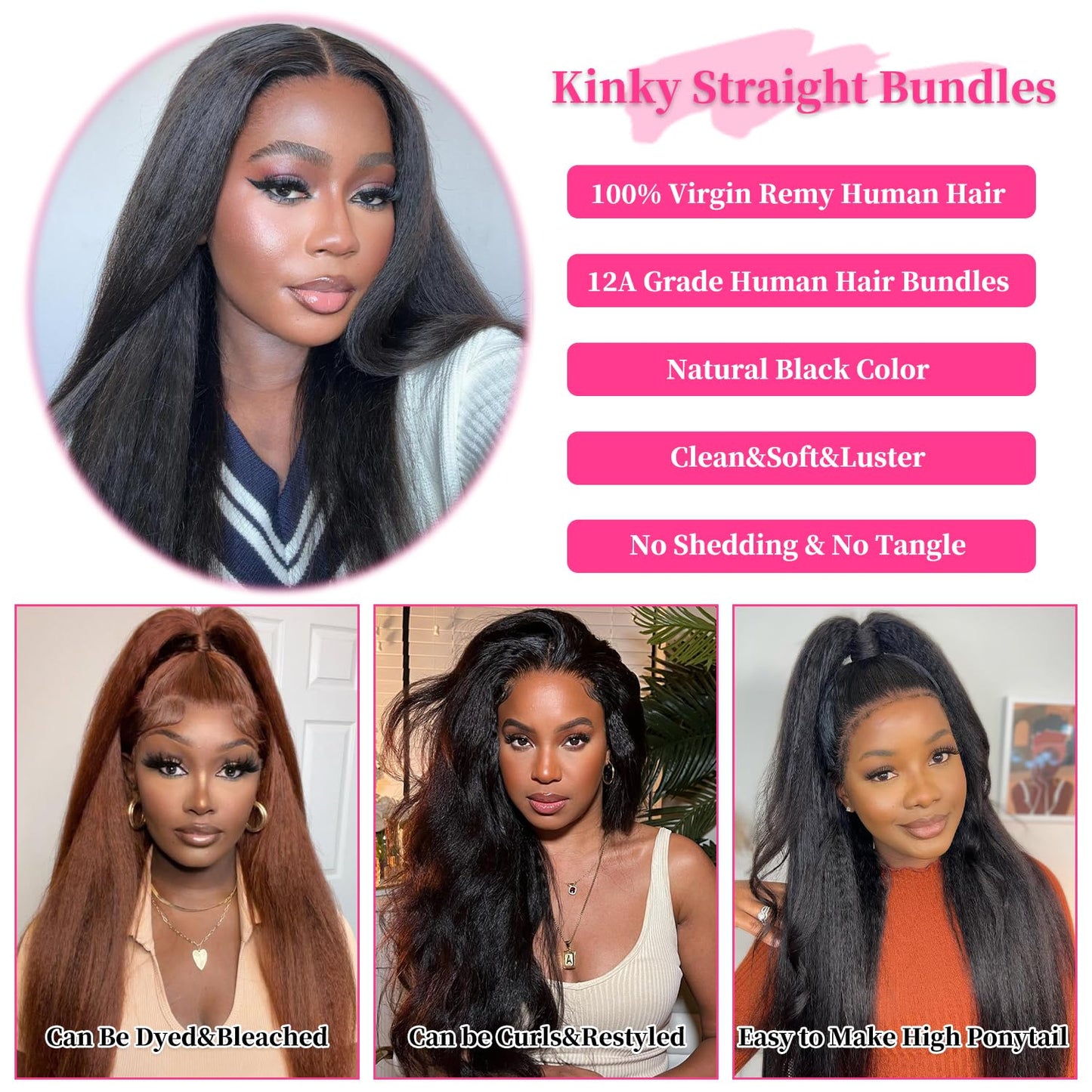 Fopeela Kinky Straight Bundles 14 Inch 100% Unprocessed Brazilian Virgin Remy Hair Kinky Straight Human Hair Bundles 1 Bundles Sew in Yaki Straight Bundles For Black Women