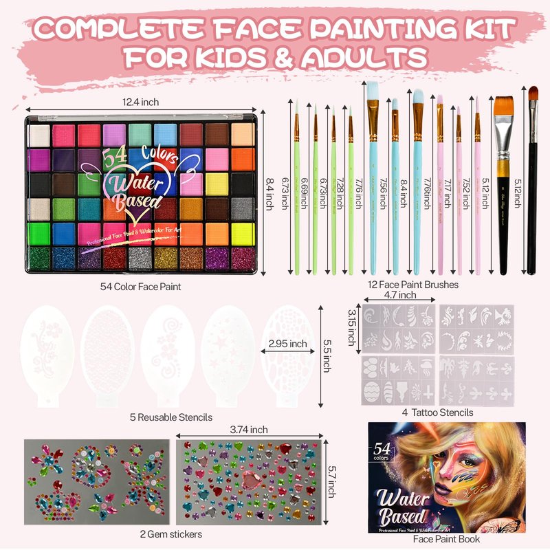 KNLDEFV 54 Color Kids Face Painting Kit, Non Toxic Water Activated Face Paint Palette with Stencils, Brush, Sparkle Gems. Perfect for Birthday Parties, Carnival, Costume Makeup