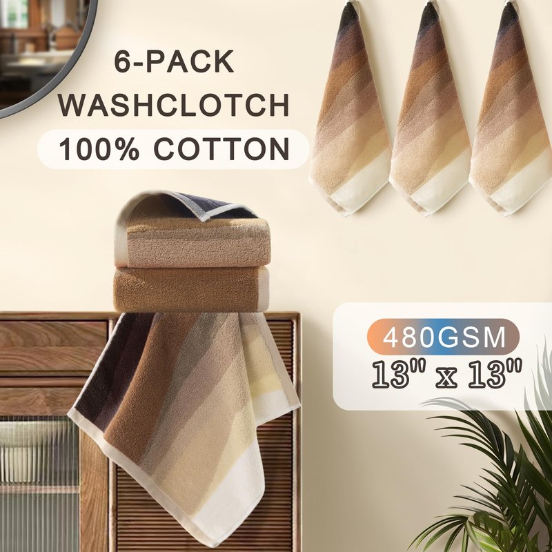 VOOVA & MOVAS Brown Washcloths 6 Pack - 100% Cotton | 480GSM | Soft | Absorbent | Long-Lasting, Wash Cloths for Your Face and Body, 13"x13", Decorative Hand Towels for Bathroom, Beige and Brown