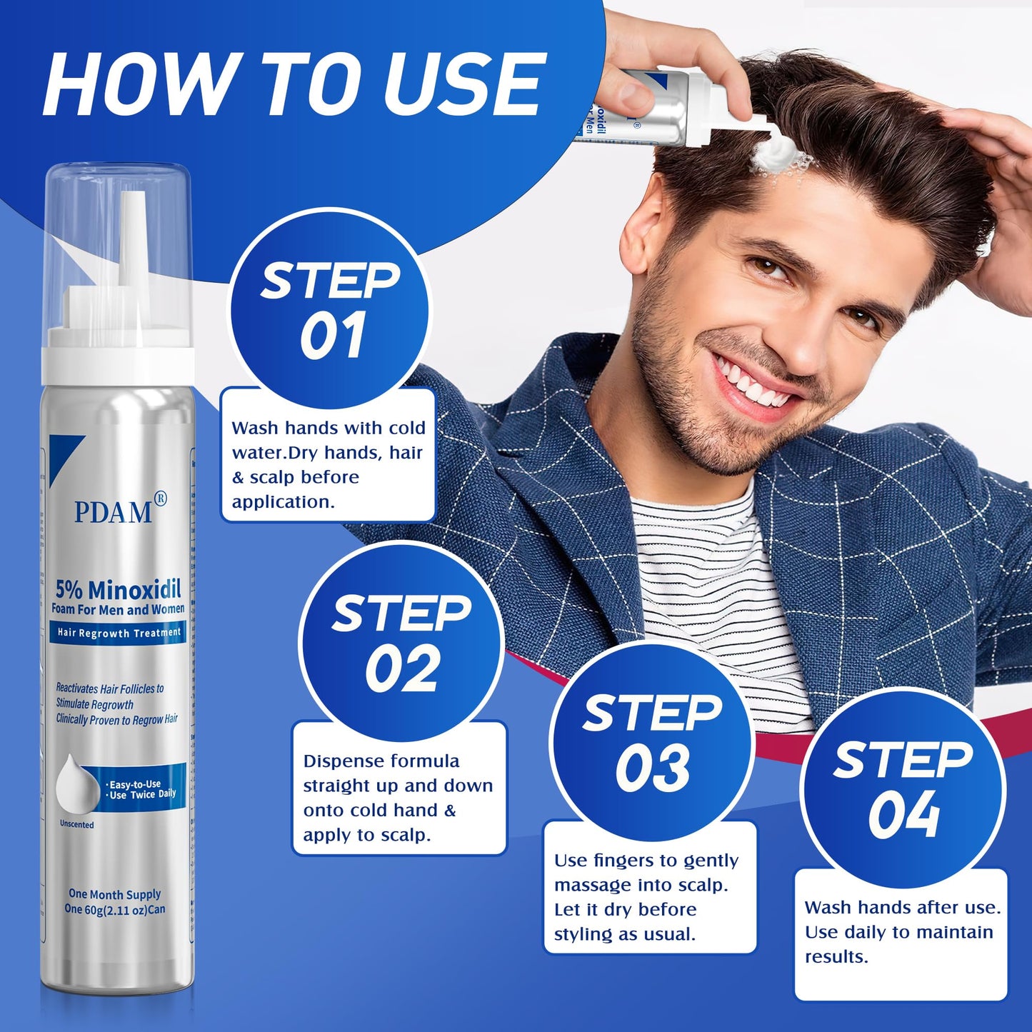 Minoxidil for Men and Women Foam Hair Growth - 5% Minoxidil Foam Hair Regrowth Treatment for Men, Topical Hair Loss Treatments, Extra Strength Thicker & Fuller Hair, 4 x 2.11 oz for 4 Months