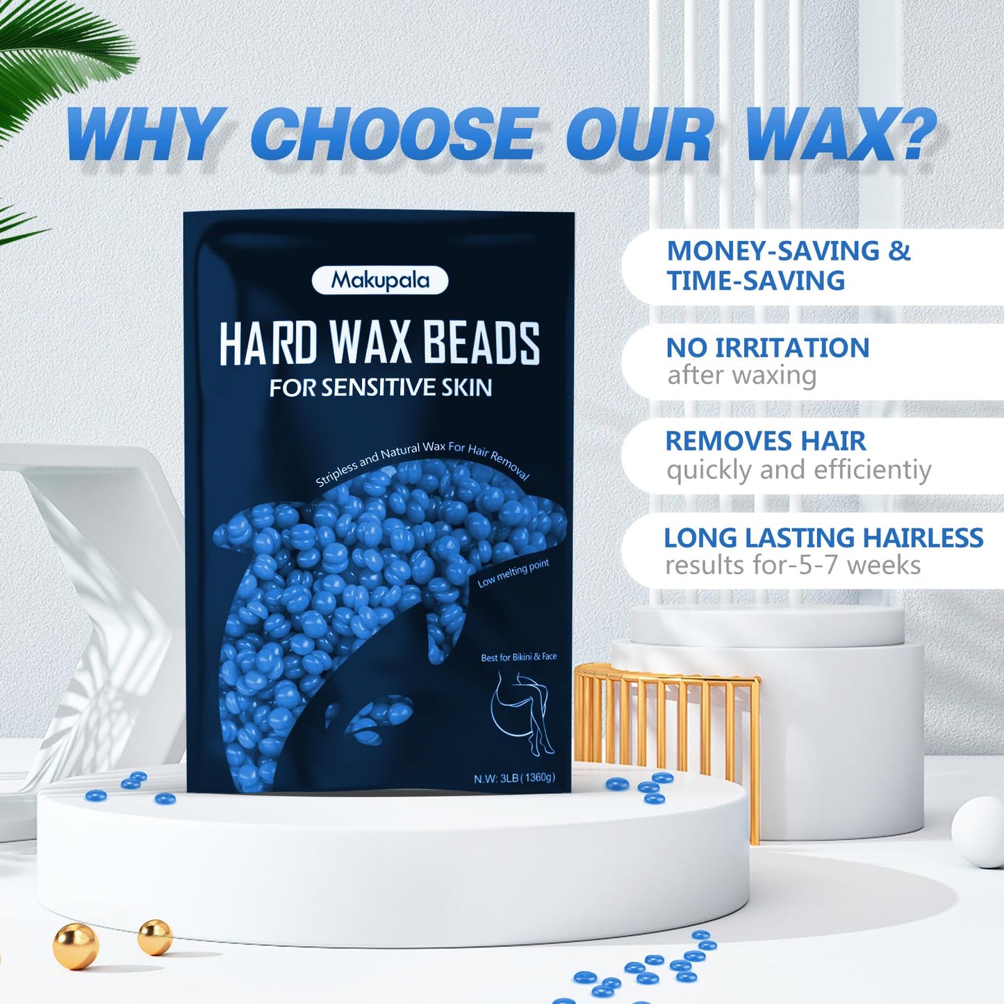 3LB Hard Wax Beads for Hair Removal, Blue Professional Stripless Wax for Coarse Hair, Bikini Brazilian Body Face, Sensitive Skin, Chamomile Scented, Salon & Home Waxing Refill with 5 Sticks