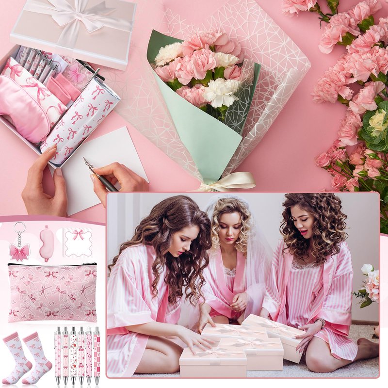 Sieral 14 Pcs Coquette Pink Bow Gift Set for Santa Women Include Pink Bow Tote Bag 20oz Stainless Steel Cup Socks Gel Ink Pens Sticky Keychain Eye Mask for Gifts