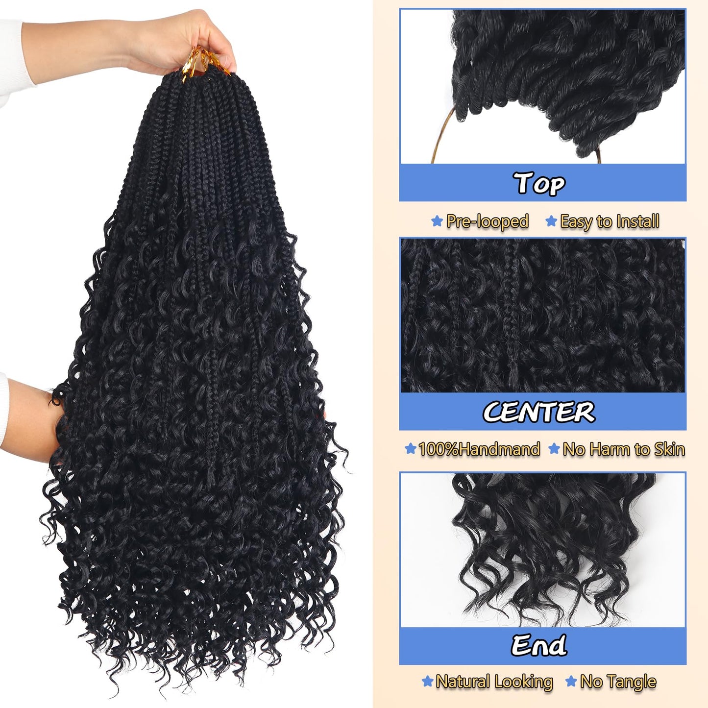 YEBO Goddess Box Braids Boho Braids Crochet Hair Pre Looped, Knotless Boho Crochet Braids With Curly Ends, Bohemian Crochet Hair Box Braids(24 Inch (Pack of 8), 1B)