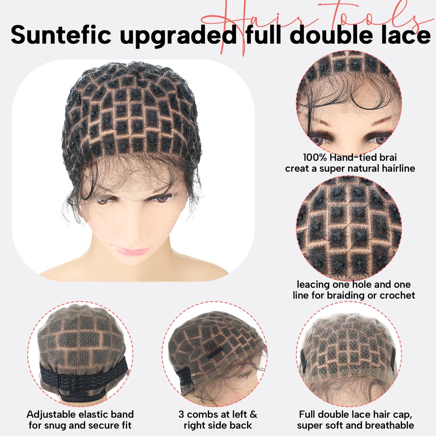 Suncalla 14 Pcs Braided Wig Cap Set Includes Crochet Wig Cap with Baby Hair 26 Inch Black Braiding Hair Pre Stretched Crochet Hooks, Glueless for Black Women Making Synthetic Braids Cornrow Extensions