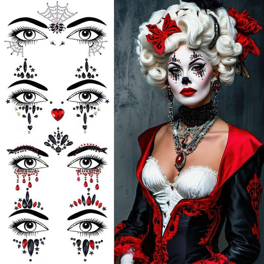 4 Pieces Face Gems Jewels Tattoos for Halloween, Day of the Dead Glitter Skull Spider Web Clown Crystals Rhinestones Makeup Stickers for Women Halloween Festival Rave Party Outfit