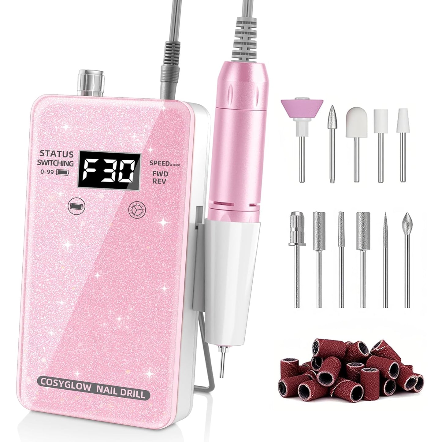 Professional Electric Nail Drill - COSYGLOW Glitter Cordless E-File Kit with 11 Bits | 30000 RPM Rechargeable for Acrylic Nails (Pink)