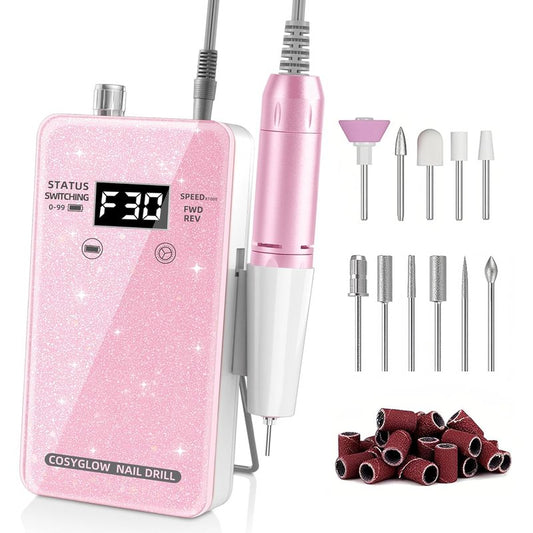 Professional Electric Nail Drill - COSYGLOW Glitter Cordless E-File Kit with 11 Bits | 30000 RPM Rechargeable for Acrylic Nails (Pink)