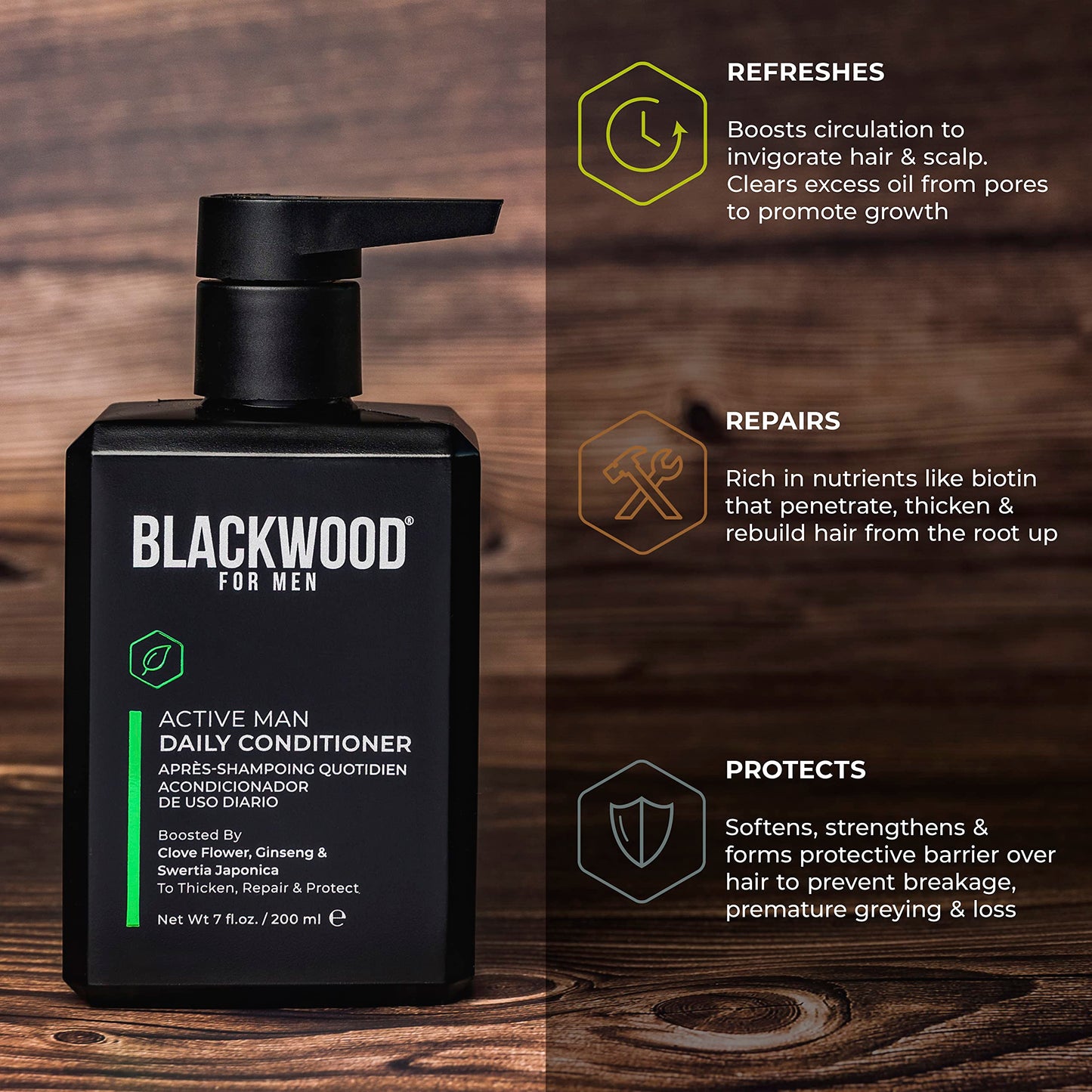 Blackwood For Men Active Man Daily Hair Conditioner for Men, Thickening Conditioner, Deep Nourishing Treatment for Shine, Hair Loss & Dandruff - Natural Vegan Formula Sulfate-Free, Paraben-Free