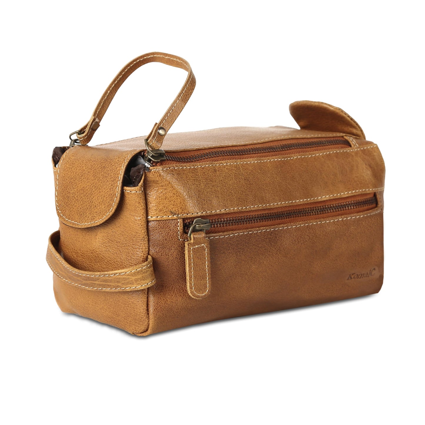 KomalC Premium Buffalo Leather Toiletry Bag for Men & Women With Water resistant Lining, Grooming Travel Pouch, Unisex Wash Bag for Toiletries, Gifts for Men and Women