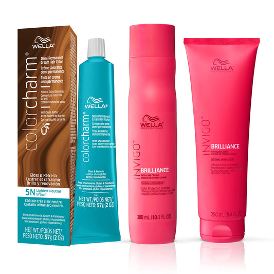 Wella Professionals Invigo Brilliance Color Protection Shampoo & Conditioner, For Fine Hair + Wella ColorCharm Demi Permanent Hair Color, 5N Lightest Neutral Brown