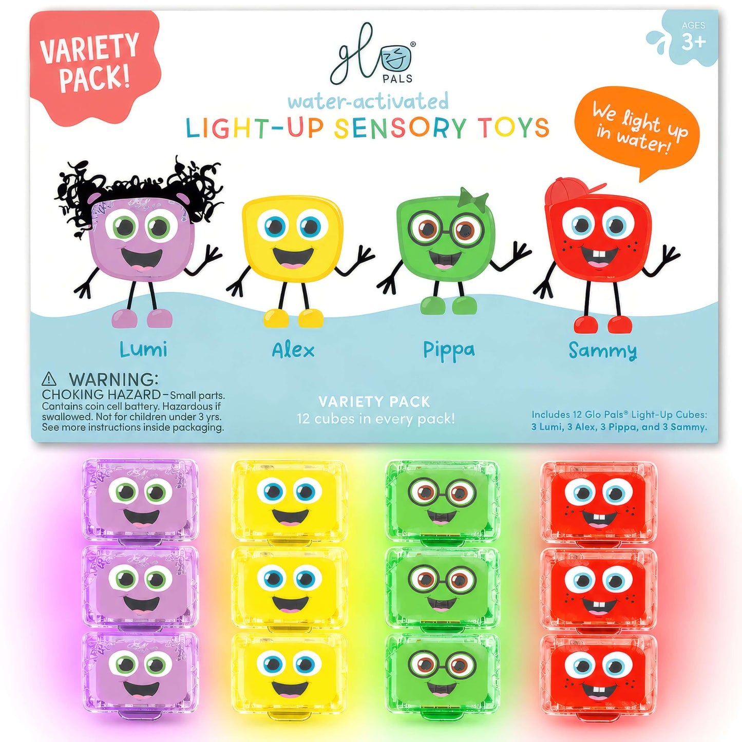 Glo Pals Water-Activated Light-Up Bath Toy Cubes, 4 Colors, 12 Pack