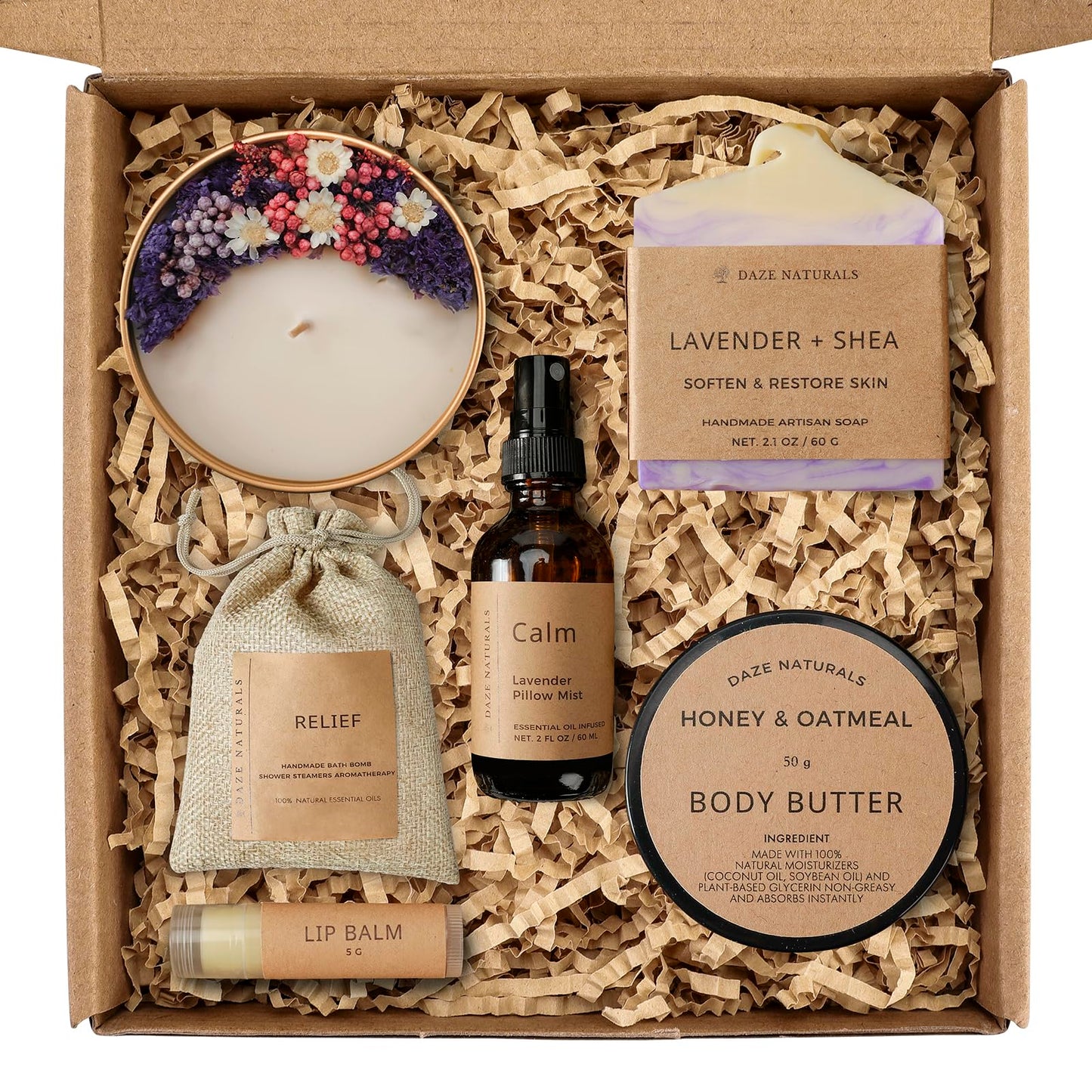 Bath Gift Set, Spa Gifts for Women, Self Care Products for Women, Lavender & Cream Soap Bar, Calm Pillow Mist, Bath Bomb & Shower Steamer, Body Butter and Lip Balm