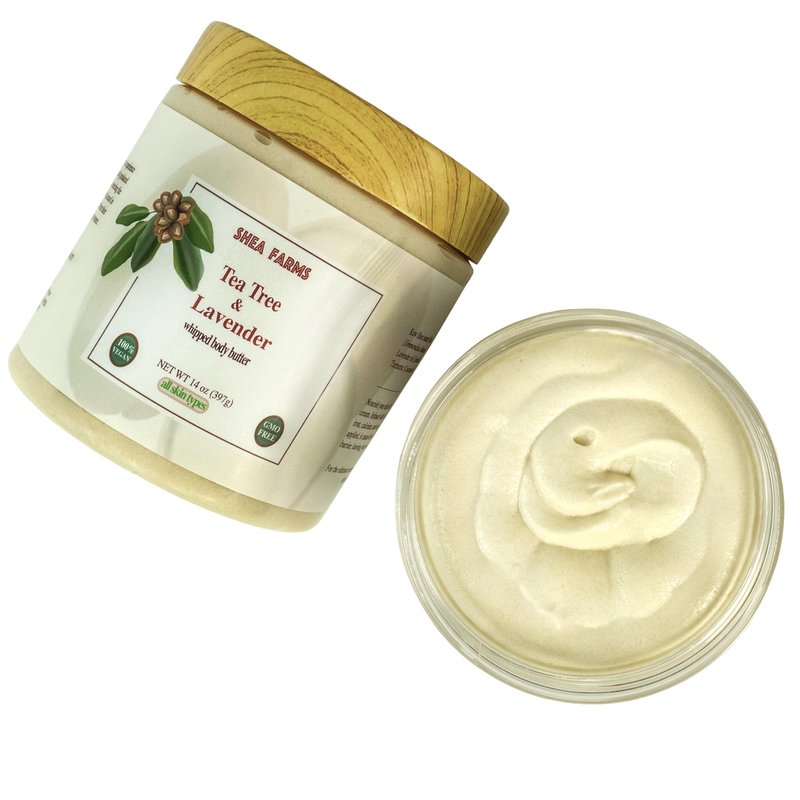 Shea Farms Natural Body Butter Shea Body Moisturizer with Natural Essential Oils to Deeply Nourish, Protect, and Rejuvenate dry Skin - Tea Tree and Lavender 14 oz