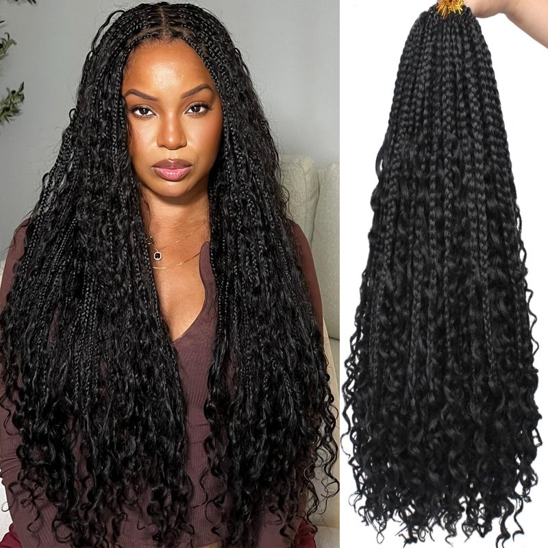 COOKOO 8 Packs 24 Inch Boho Box Braids Crochet Hair With Curly Ends Bohemian Hippie Goddess Box Braids Pre-looped Synthetic Braiding Hair Extension for Black Woman 23#