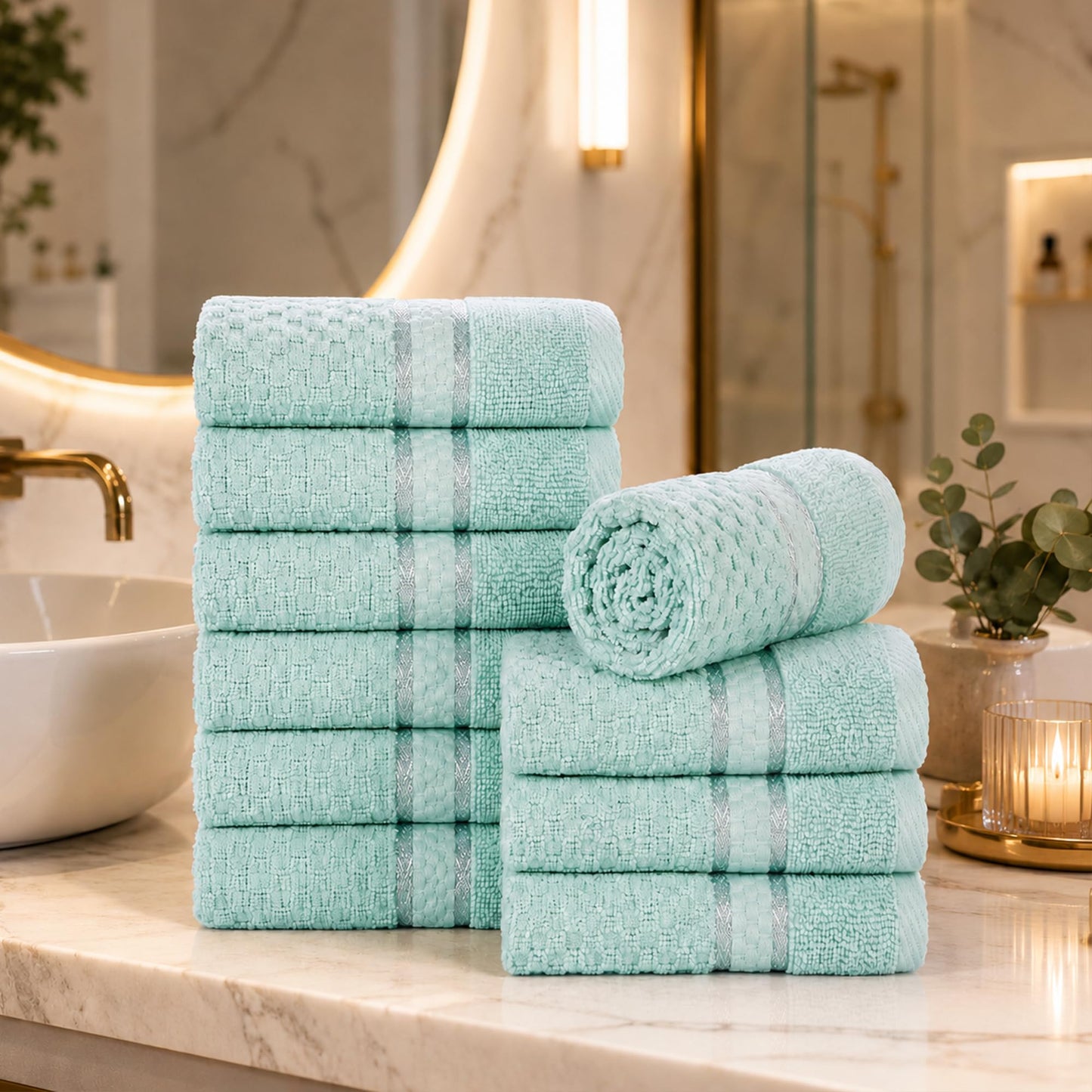 Ample Decor 100% Cotton Washcloths 12x12 Inches, Popcorn Textured, Soft & Absorbent, Quick Dry, Set of 10, Mint Green