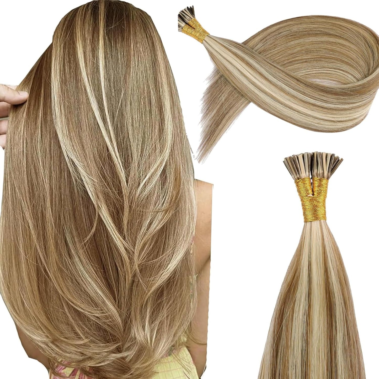 Remy I Tip Hair Extensions - 20 Inch Silky Straight Human Hair | #7/60 Chocolate Brown to Caramel Blonde, 30g