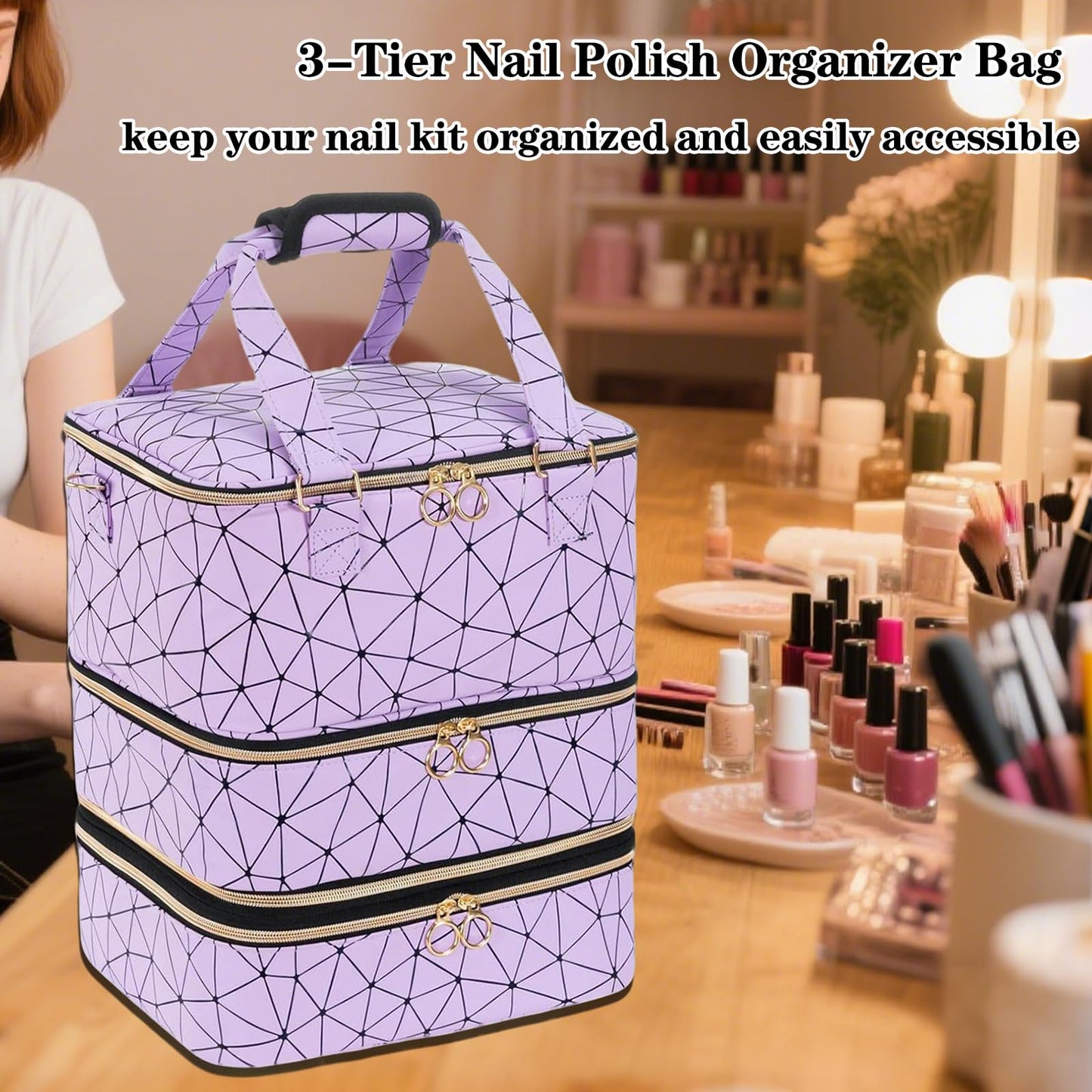 Sonhomay Nail Polish Organizer Bag, 3-Tier Nail Storage Organizer Holds 84 Bottles Nail Polish Nail Lamp Detachable Bottom Layer for Salon & Home Use(Pink)