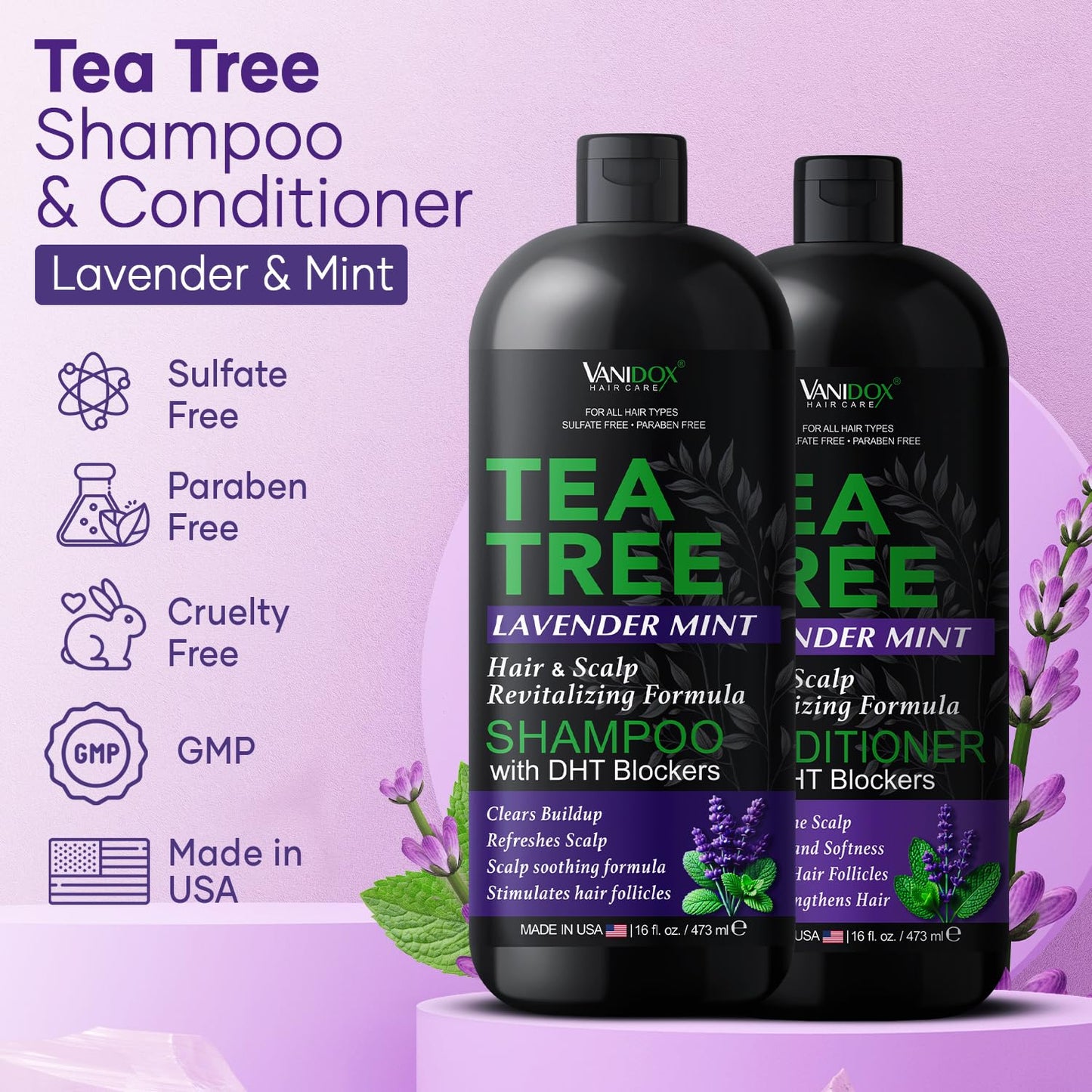 Vanidox Tea Tree Shampoo and Conditioner Set with Lavender and Mint | DHT Blockers | With 100% Pure Tea Tree Oil for Itchy, Dry Scalp | Sulfate & Paraben Free | For Men & Women | 16 fl oz Each