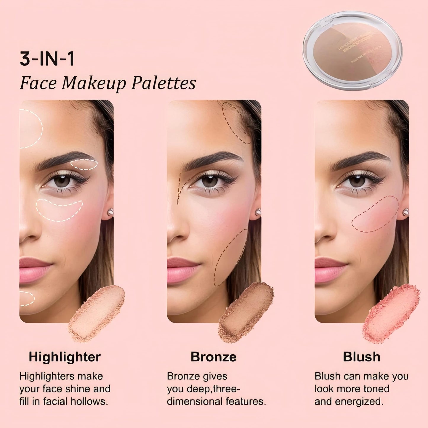 Baked Blush Highlight Bronze Powder 3-in-1 Contour Palette Sculpt Satin Silky Smooth Makeup Palettes Powder (002-Light)