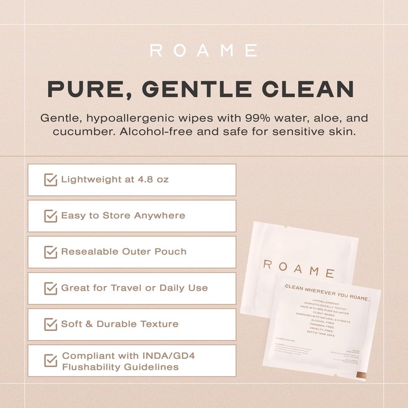 ROAME Flushable Wipes, Toilet & Septic Safe Flushable Wet Wipes for Adults, Hypoallergenic, Unscented, 99% Purified Water with Witch Hazel & Aloe Vera, Multipurpose For Face, Hands, Body, 30 Packets