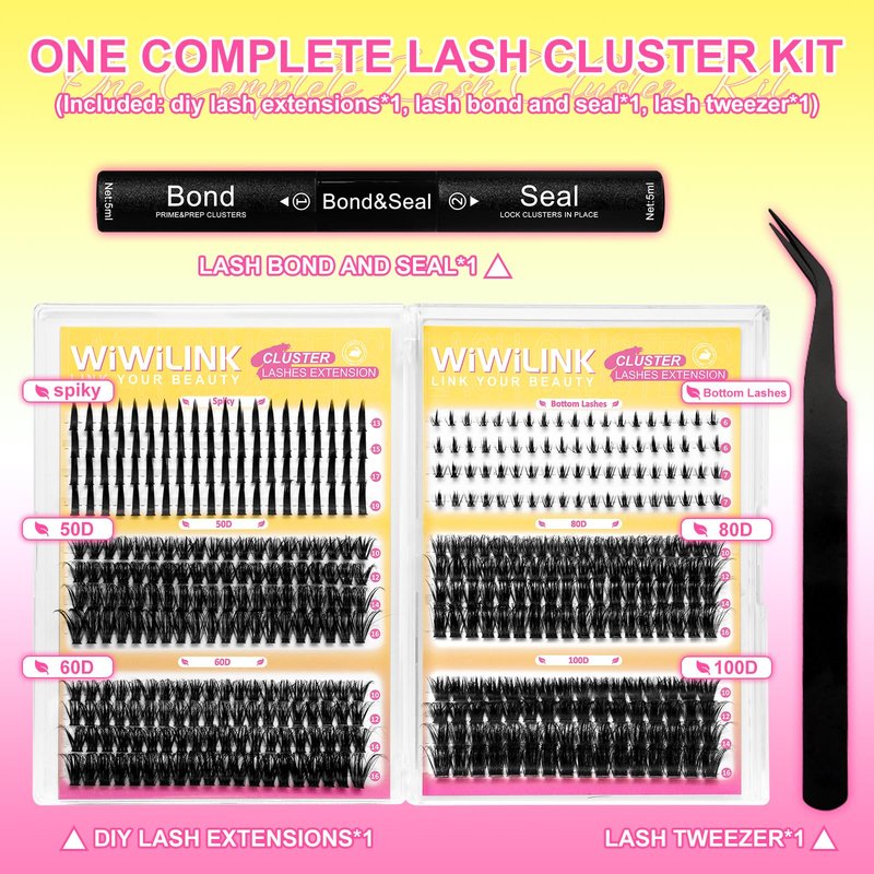 WiWiLINK Fluffy Lash Clusters Kit Wispy 452Pcs Eyelash Clusters with Spikes 50D 60D 80D 100D Manga Cluster Eyelash Extensions Kit Volume Lash Extension 10-16mm False Eyelashes Kit