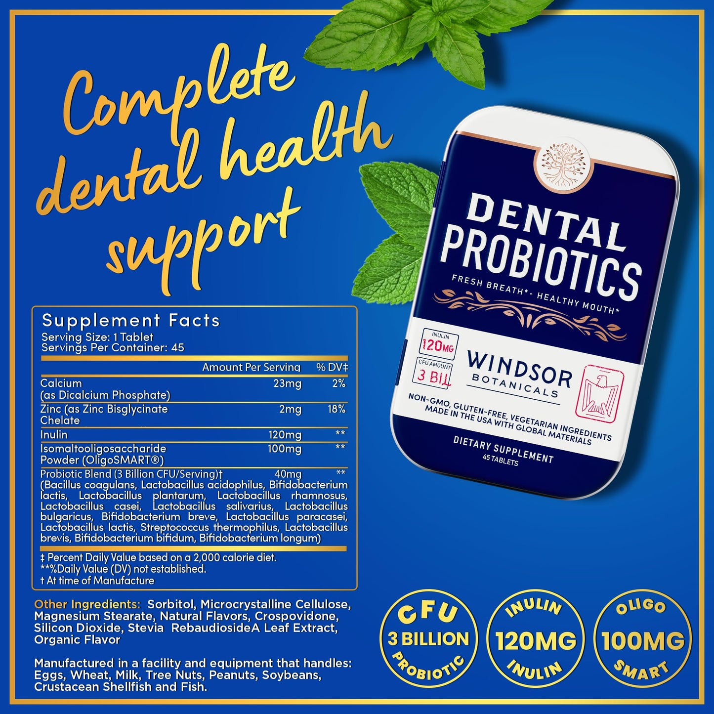 Dental Probiotics for Teeth and Gums - 3BN CFU Lactobacillus Salivarius Acidophilus Casei Tablets - Oral Probiotics for Mouth Bad Breath Treatment for Adults - 45 Chewable Dental Probiotic in a Tin