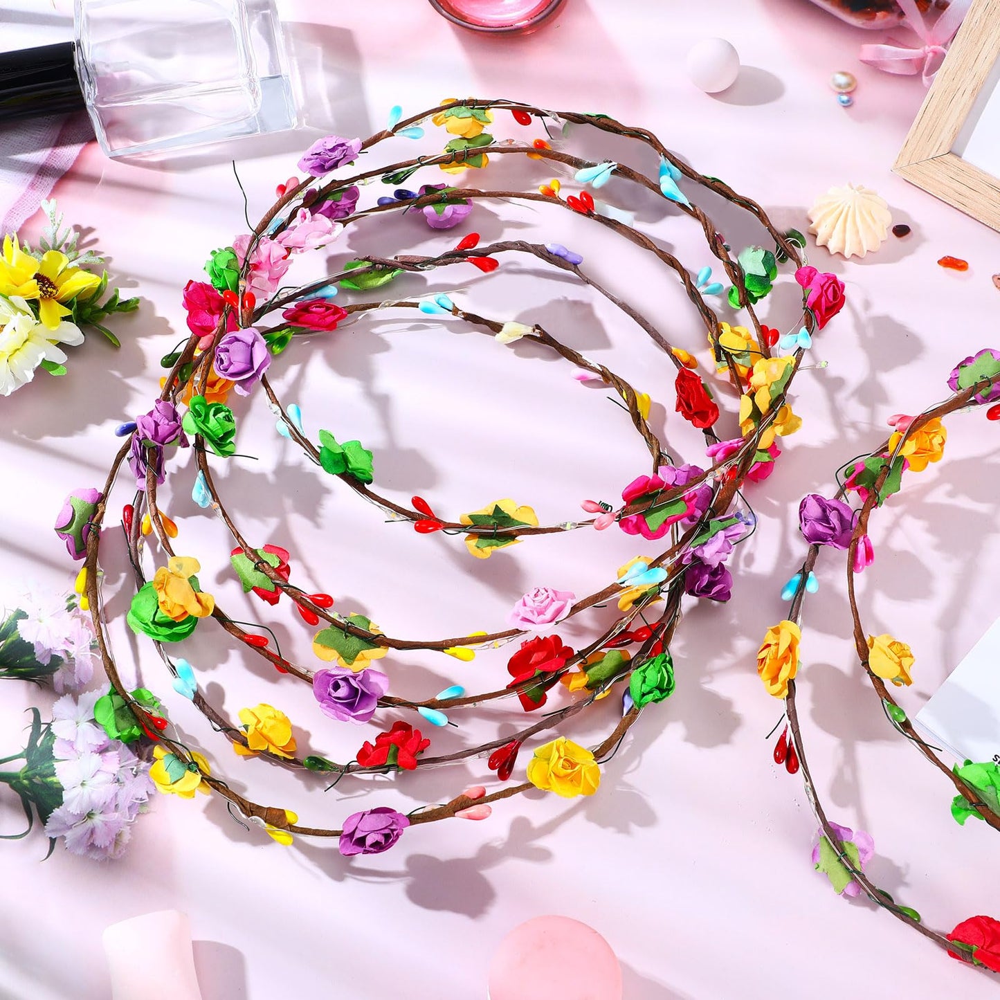 Syhood 40 Pcs LED Flower Headband, Light up Flower Crown Garland Headdress Floral Headpiece for Women Hair Accessories Bridal Shower Mother's Day Holiday Birthday Wedding Party(Plum Blossom Style)