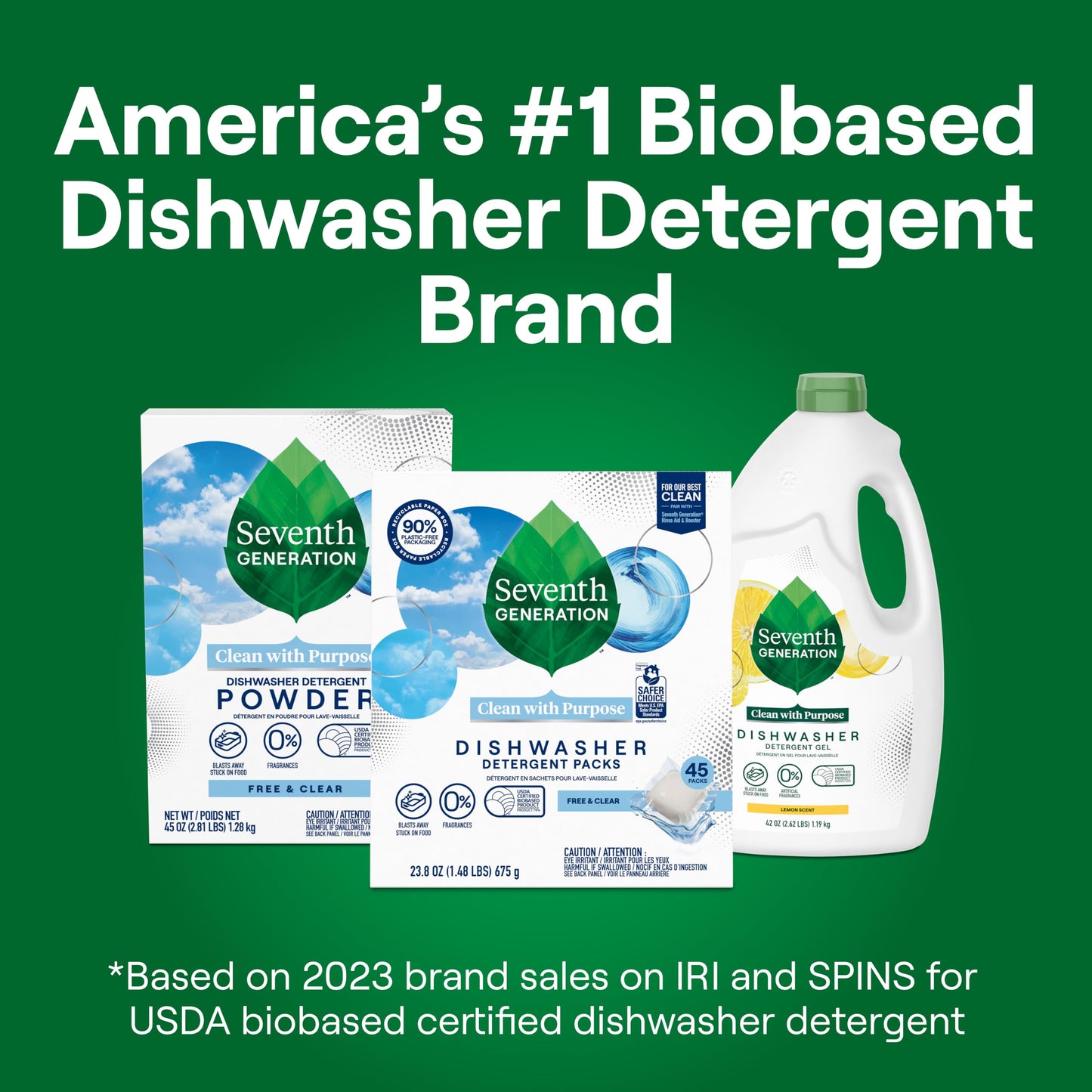 Seventh Generation Dishwasher Detergent Packs, Free & Clear, 45 Count, Pack of 2, Plant Powered Cleaning, Fights Greasy Reside & Stuck-On Food For Sparkling Dishes, Fragrance-Free & Septic Safe